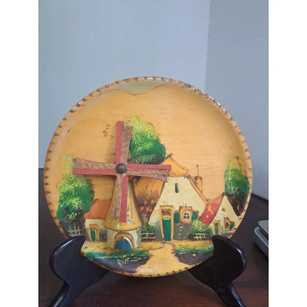 Vintage Hand Painted 3D Dutch Windmill With Spinning Blades Wooden 7in Plaque